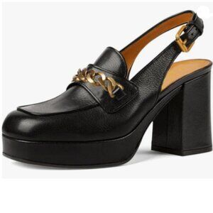 YDN Black Platform Square Toe Chunky Heel Pumps Slingback Buckle Chains Shoes